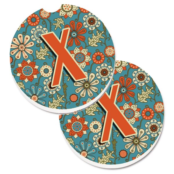 Carolines Treasures Letter x Flowers Retro Blue Set of 2 Cup Holder Car Coaster CJ2012-XCARC - main